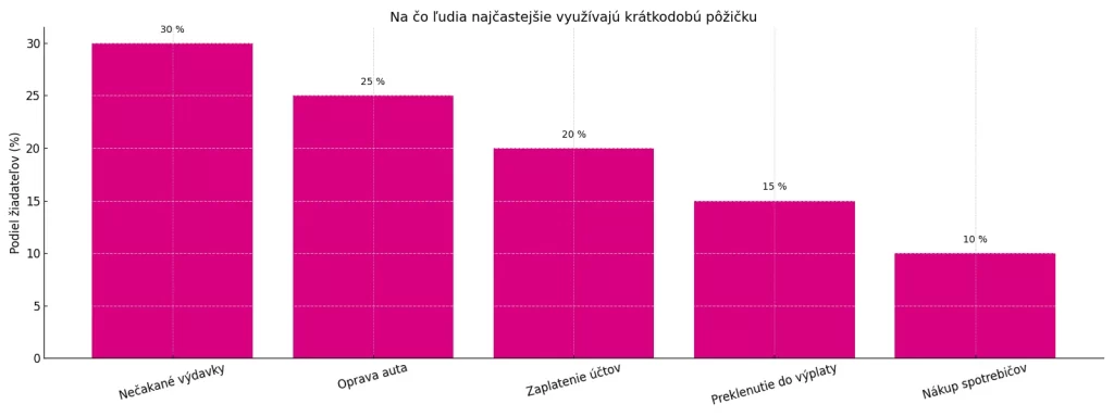 najčastejšie účely využitia krátkodobej pôžičky – nečakané výdavky, oprava auta, zaplatenie účtov a preklenutie do výplaty.