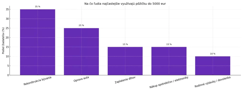 Najčastejšie účely využitia pôžičky do 5000 eur – rekonštrukcia, oprava auta, splatenie dlhov alebo rodinné výdavky.